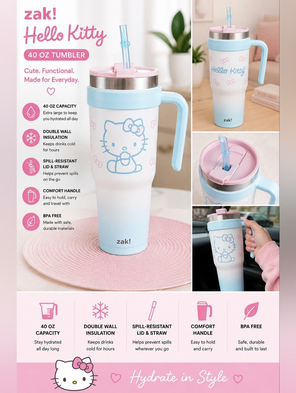 Hello Kitty x Zak! 40 oz Tumbler with Handle & Straw – Pink/Blue